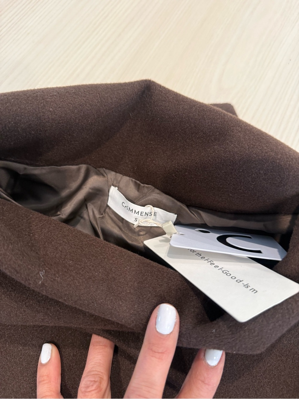 Commense Dark Brown Kids Cropped Pea Coat with Asymmetric Collar - Picture 2 of 3